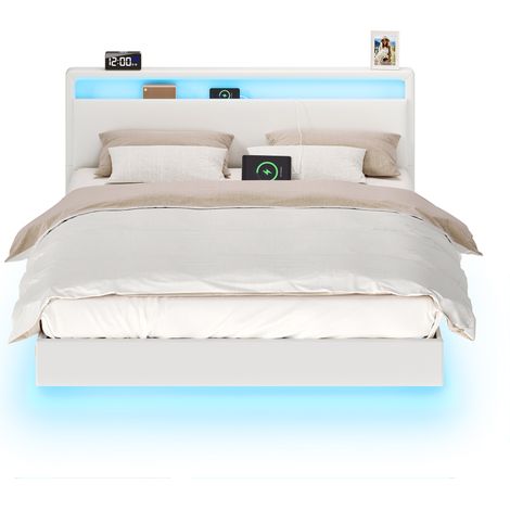Lit Double, Cadre de Lit, 160 x 200 cm, Lit Flottant, Lit avec Éclairage LED, Tête de Lit Haute, Multiprise, Style Moderne, Blanc Nuage