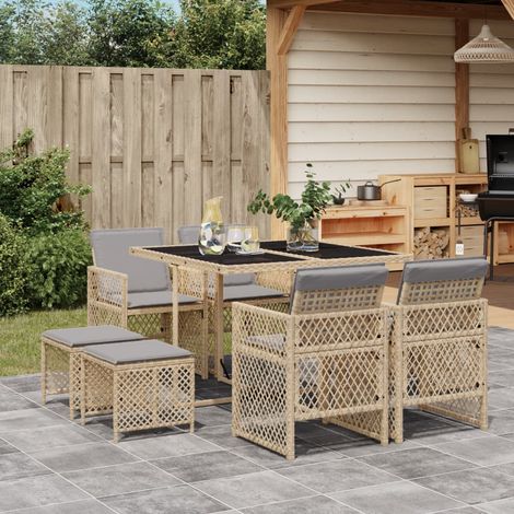 9-tlg. Garten-Essgruppe mit Kissen Beige Poly Rattan vidaXL (1/5)