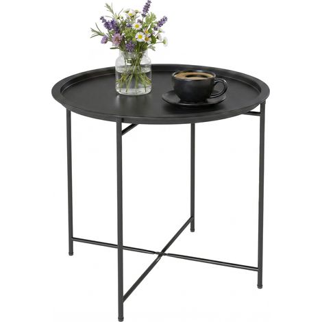 Petite table basse - Outsunny - ronde - plateau amovible avec bord relevé, pieds pliables - cadre en acier - noir (1/5)