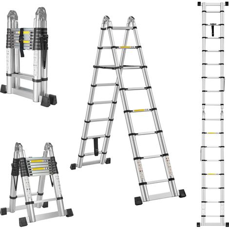Stanew – Échelle télescopique 5 m – Aluminium léger – 8 marches – Charge 150 kg – Pliable pour intérieur et extérieur – Verrouillage de sécurité