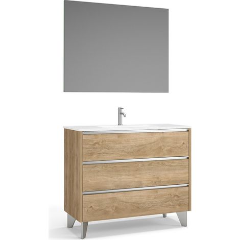 Mueble de Baño al Suelo con Espejo y Lavabo Cerámico 3 Cajones con Cierre Amortiguado y Organizador 70 cm Roble Natural Tirador Cromo (1/5)