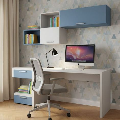 Angolo studio moderno con cassettiera sfalsata per cameretta - Bianco e Avio