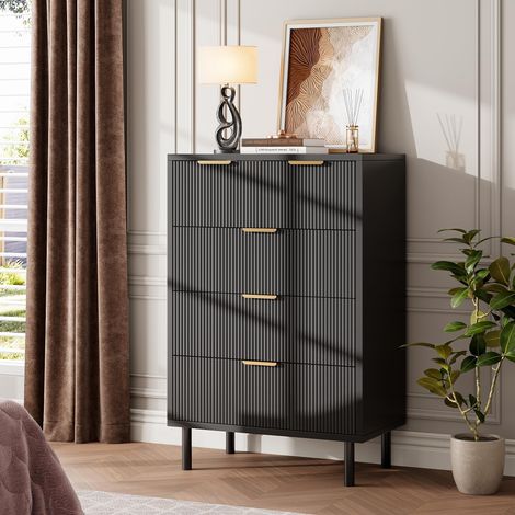 Commode 5 tiroirs, meuble de rangement moderne avec motif à vagues et poignées noires, chiffonnier en bois pour chambre, salon et bureau - noir, 70 x 40 x 95 cm (1/5)