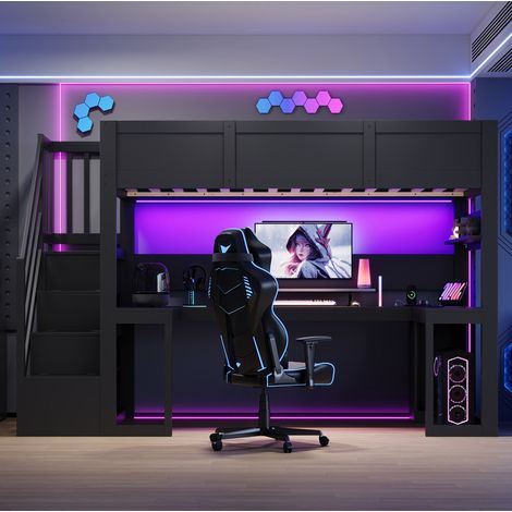 Gaming-Hochbett 90x200 cm aus MDF und Sperrholz, schwarz, mit LED-Schreibtisch – MEUBLIV (1/5)