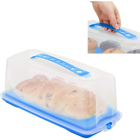 Relaxdays Contenitore per Dolci, Rettangolare, con Manico, per Plum-Cake & Torte HxLxP: 15 x 37 x 16 cm, Blu/Trasparente (1/5)