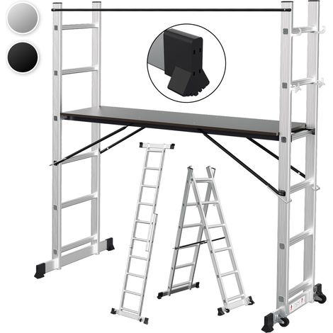 TolleTour Andamio multifuncional de aluminio de 6 peldaños, color plateado, con plataforma y ruedas, 150 kg (1/5)