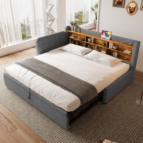 Tagesbett Leinen Grau 90x200 cm mit Ausziehbett, USB- und USB-C-Anschluss, Ablagefächern und Lattenrost (1/5)