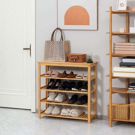 Étagère à chaussures à 5 niveaux, porte-chaussures en bambou avec 4 étagères à lattes, 80x29x82cm, effet bois naturel (1/5)