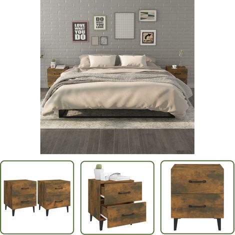 The Living Store Nachttische 2 Stk. Räuchereiche 40x35x47,5 cm - Industrieller Stil - Nachttische Set - Holzmöbel - Wohnzimmer Möbel - Schlafzimmermöbel (1/5)