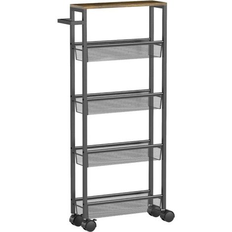 Chariot de cuisine 5 niveaux avec plan de travail, meuble roulant de service, étagère mobile avec roulettes et poignée, dimensions 47x13x96.5 cm, couleur noir (1/5)