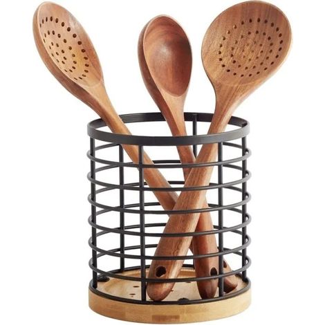 Égouttoir à vaisselle de comptoir de cuisine - Grand format rond de 13,2 cm x 13,2 cm x 15,2 cm, base en bois mat (métal + bambou) (1/5)