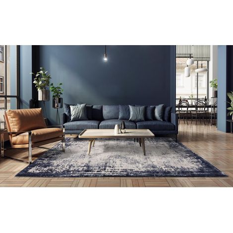 Kuza Border Abstract Modern Distressed Soft Velvety Silky Rug Navy Small 80x150 cm (2'6"x5')