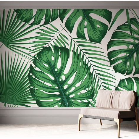Papier peint autocollant Mural avec colle pour salon et chambre Décoration murale rapide Feuilles tropicales 312x219 cm (1/5)
