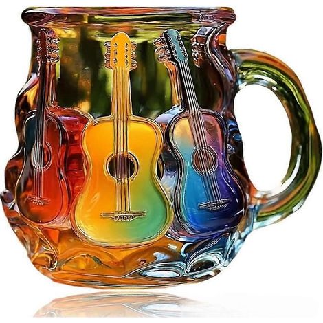 Kaffeebecher mit farbenfrohem Gitarrenmotiv, 3D-Musikinstrumentenmotiv, Regenbogen-Glasbecher für Musikliebhaber (1/5)