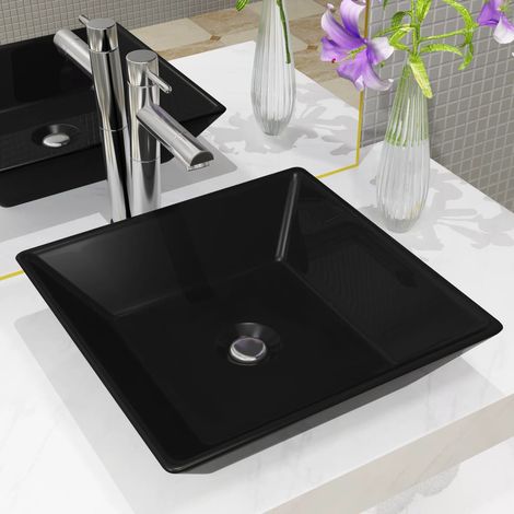 Vasque à poser, Lavabo de salle de bain, Bac à laver Céramique carré Noir 41,5 x 41,5 x 12 cm IKJ33450 (1/5)
