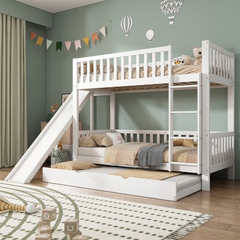 Lit superposé - lit 90x200 cm - lit gigogne avec barrière de sécurité, toboggan, étagères - en bois - blanc - sans matelas (1/5)