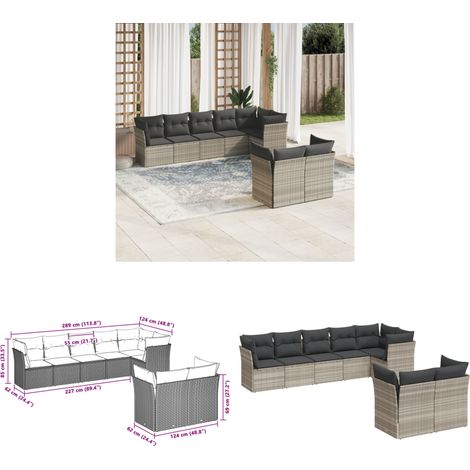 vidaXL Salon de jardin 8 pcs avec coussins gris clair résine tressée