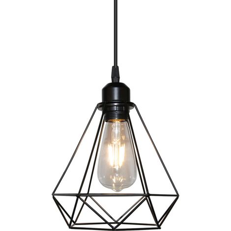 Vintage Suspension Lustre Abat-jour Cage forme Diamant Contemporain Luminaire Lampe Plafonnier Corde Ajustable - Noir (1/4)