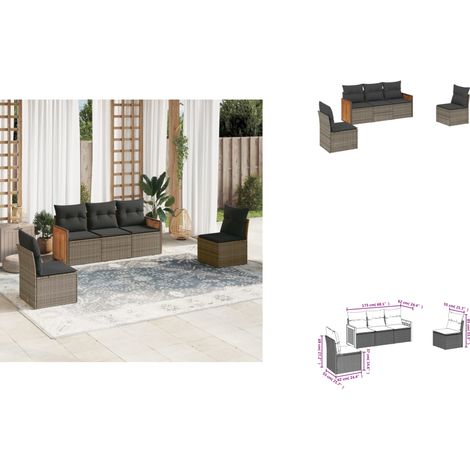 5-tlg. Garten-Sofagarnitur mit Kissen Grau Poly Rattan - Gartensofas - Outdoor Möbel - Gartenmöbelset - Lounge Set - Rattan Gartenmöbel