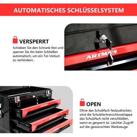 Coffre à outils en acier transportable 20 pouces, 3 tiroirs avec fermetures métalliques, noir et rouge (1/5)