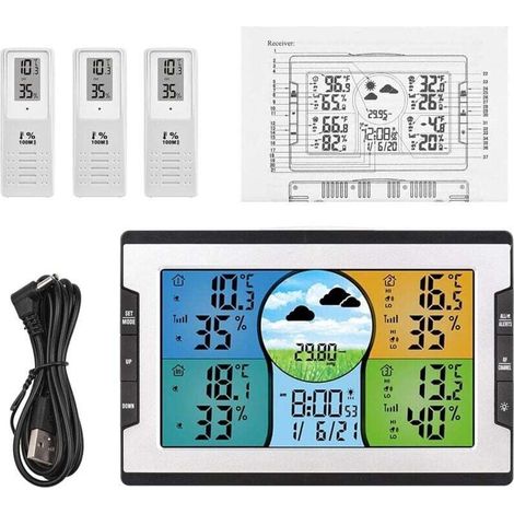 Station météo intérieure/extérieure sans fil, thermomètre hygromètre avec 3 capteurs, fonction 3 en 1, prévisions météo, réveil et fonction snooze, écran LCD couleur avec luminosité réglable