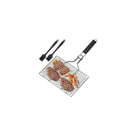 Panier à Poisson Grillé en Acier Inoxydable + 2 Brosses Silicone, pliable et portable, accessoires pratiques pour grillades en extérieur