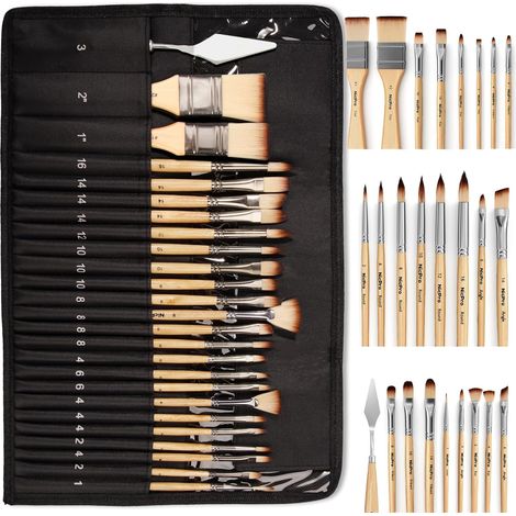 Lot de 26 Pinceaux Peinture Professionnels Nylon, pour Adultes et Débutants, Aquarelle, Acrylique, Huile et Gouache, avec Étui et Couteau (1/5)