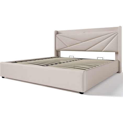 Lit simple capitonné avec tête de lit rechargeable par USB Type C, tissu lin, avec sommier à lattes (sans matelas) - 160x20 cm (1/5)