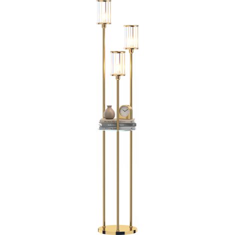Lampadaire 3 lumières avec étagères, abat-jour verre effet cristal, interrupteur au pied, doré, sans ampoules (1/5)