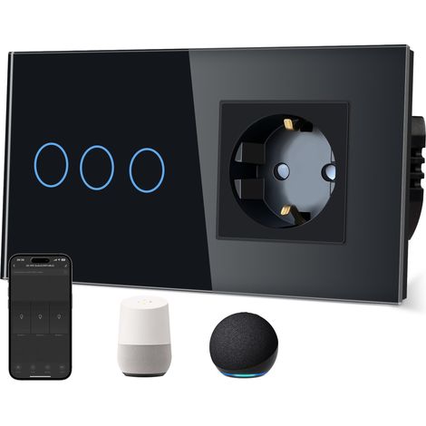 Prise normale avec interrupteur WiFi intelligent conducteur neutre nécessaire vitre en verre, commande vocale, compatible avec l'application Smart Life et 3 compartiments, 1 (1/5)