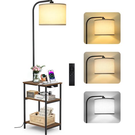 Lampadaire sur Pied avec Table d’Appoint, LED Dimmable avec Télécommande, 3 Températures de Couleur, Table avec Charge USB et Étagère pour Salon Chambre (1/5)