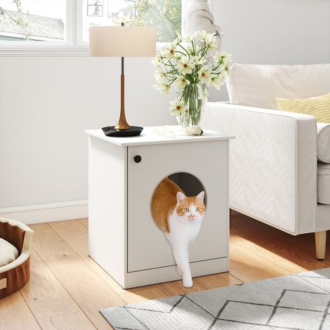 Enclos pour Bac à Litière pour Chat Toilette Cachée pour Chaton Maison d'Intérieur pour Animaux Table d'Appoint Multifonctionnelle Blanc (1/5)