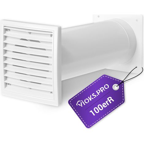 Traversée murale - 100 mm - Système de raccordement rond extensible - Blanc - Avec clapet anti-retour et grille extérieure - Tuyau de protection contre les intempéries - Pour sèche-linge à (1/5)