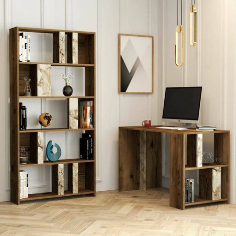 Dmora - Scrivania Mirach, Scrittoio multiuso, Tavolo per ufficio porta PC, Piano di lavoro, 120x60h75 cm, Noce e Bianco Marmo, con imballo rinforzato, con imballo rinforzato (1/4)