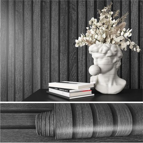 Papier Peint Effet Bois Panneaux en Bois 3D 40cm x 900cm Adhesif pour Meuble Papiers Peints Imitation Bois Noir Gris Vintage Papiers Peints pour Porte Salle de Bain Lavable Salon (1/5)