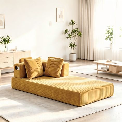 Fabulcozy Sofá cama compacto de suelo de pana de 200 × 100 cm, sillón tipo puf modular con bolsillos de almacenamiento, adecuado para salón y dormitorio, amarillo (1/5)