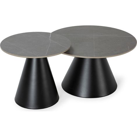 CALICOSY - Lot de 2 tables basse rondes en Pierre fritée grises et métal noir - LOUNA