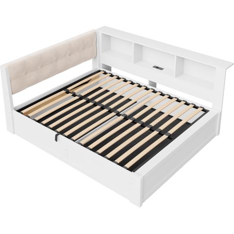 Letto a giorno 140x200 cm con contenitore idraulico, LED, USB, mensola, bianco HOMVRA (1/5)