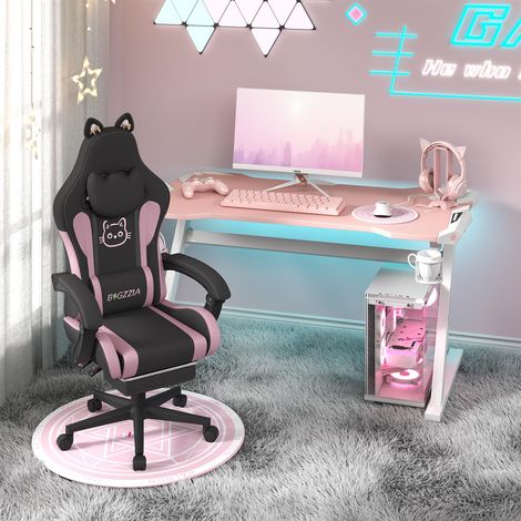 Pink Cat Gaming Chair Reclining Footrest Ergonomic PU Leather Black (1/5)
