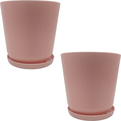 Relaxdays Plant Pot, Set of 2, Pot with Saucer, Ridges, H x D: 20 x 20 cm, Herb Planter, Plastic, Old Rose