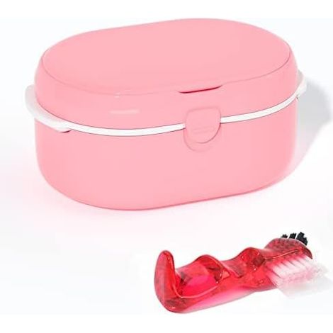 Boîte de bain et brosse pour prothèses dentaires avec miroir (rose)