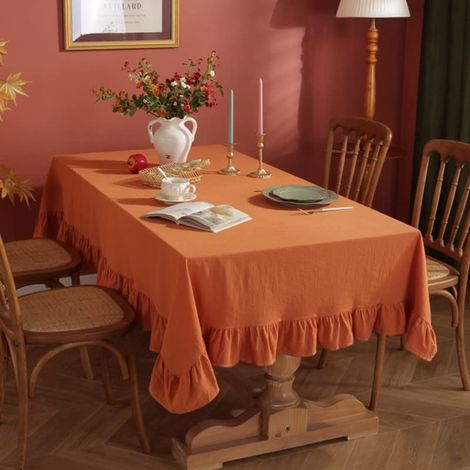 Nappe en coton et lin avec bord à volants - 152 x 213 cm - Style maison de campagne - Pour cuisine, salle à manger, table de jardin - Nappe en tissu pour le quotidien, Noël, pique-nique (1/4)
