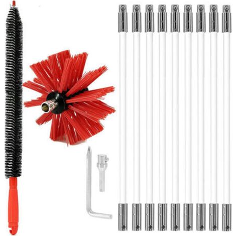 Kit professionale per la pulizia del camino da 3,6 m - Spazzola regolabile in nylon da 100 mm - 9 aste per la pulizia del camino