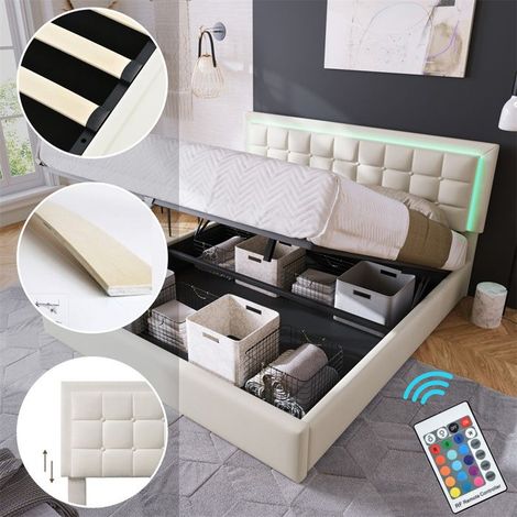 Lit rembourré coffre 180x200 cm blanc en PU avec LED, sommier à lattes inclus, sans matelas