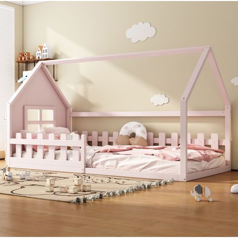 DESVIAE Lit enfant cabane 90 x 200 cm rose en pin et MDF avec sommier à lattes maison montage à faire (1/5)