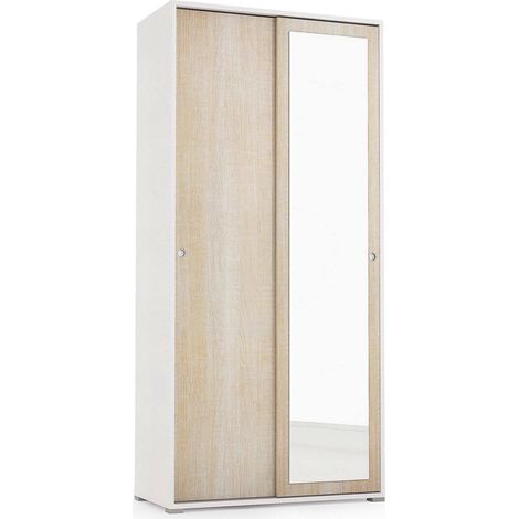 Dmora - Guardaroba Abduhl, Armadio a 2 ante scorrevoli e specchio, Mobile con barra appendiabiti e ripiani, 100% Made in Italy, 90x45h195 cm, Rovere e Bianco (1/5)