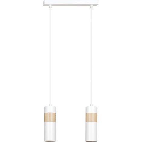 Lampadario 2 Luci Change In Acciaio Bianco A Cilindro Con Legno Naturale (1/5)