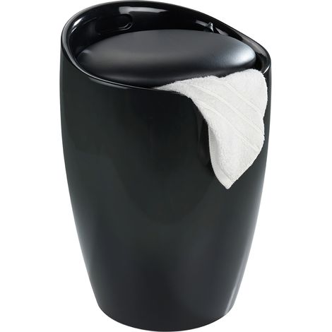 WENKO Sgabello Cesto per la biancheria, cesto per la biancheria e sgabello per il bagno Candy, cuscino rimovibile, Plastica, 20 litri, Ø 36x50,5 cm, Nero