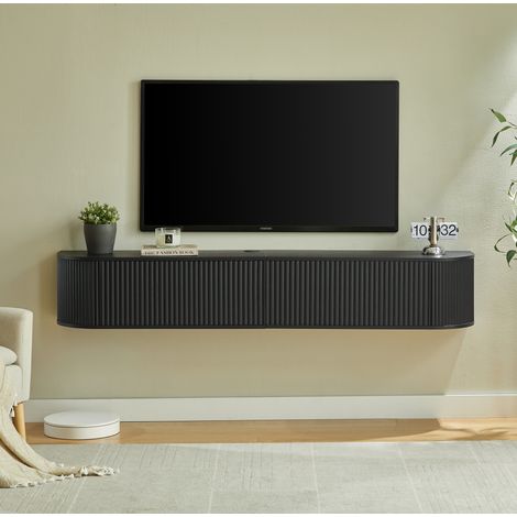 Mueble TV flotante 180x32x30 cm, con gran almacenaje, guía para cables, aglomerado y MDF, negro (1/5)