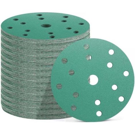 50 Pièces Disques Abrasifs 150 mm, 15 Trous, 10x Grain 60/80/120/180/400, Papier Poncage pour Ponceuse Excentrique (Vert) (1/4)